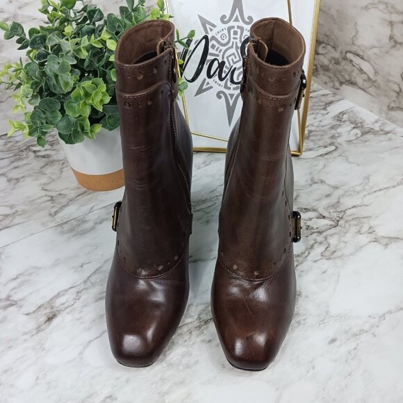Leon Max Leather Bootie Stacked Heel Dark Brown women's size 7.5 - Picture 2 of 10